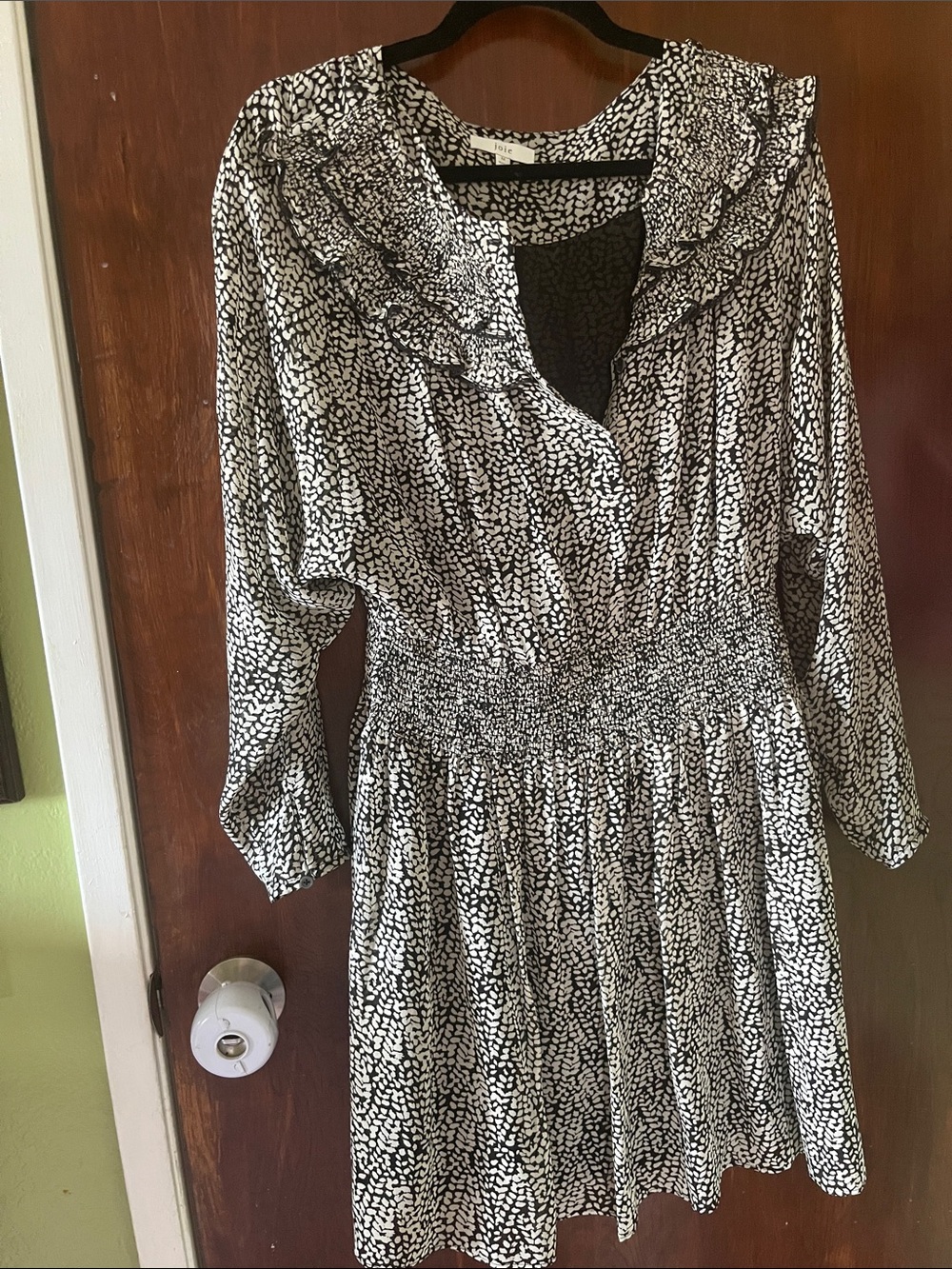Black & White Printed Long Sleeve Smocked-Waist Dress